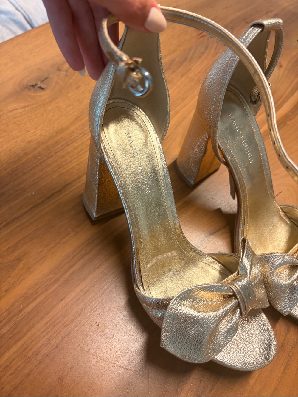 Marc Fisher Gold Knotted Bow Block Heel Sandals - Picture 6 of 7
